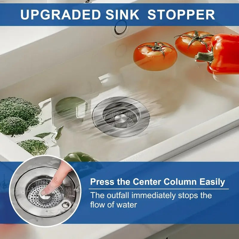 Upgraded 3-in-1 Kitchen Sink Drain Stopper & Strainer – Stainless Steel Pop-Up Stopper + Anti-Clogging Basket