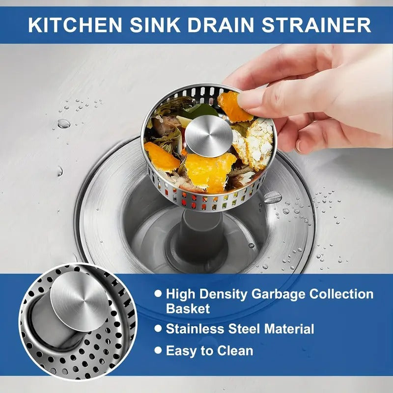 Upgraded 3-in-1 Kitchen Sink Drain Stopper & Strainer – Stainless Steel Pop-Up Stopper + Anti-Clogging Basket