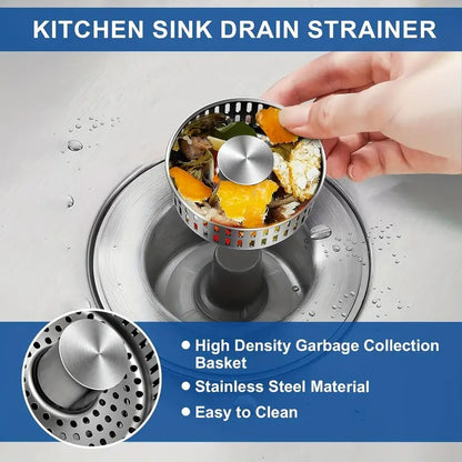 Upgraded 3-in-1 Kitchen Sink Drain Stopper & Strainer – Stainless Steel Pop-Up Stopper + Anti-Clogging Basket