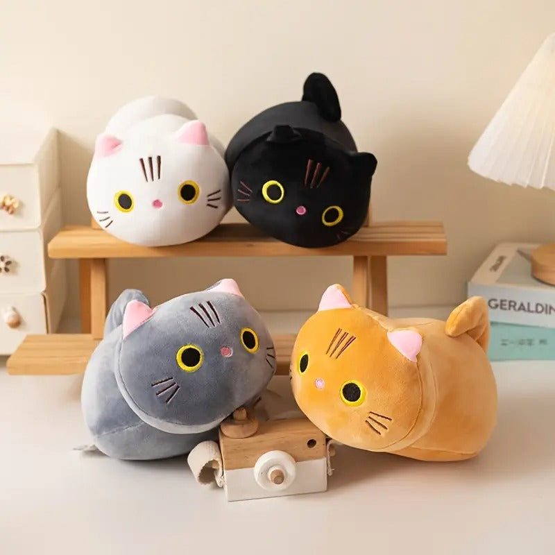 9.84" Mushroom Bear Cartoon Cat Plush Toy – Soft Stuffed Kitten in White, Black, Orange & Gray – Cute Gift for Kids