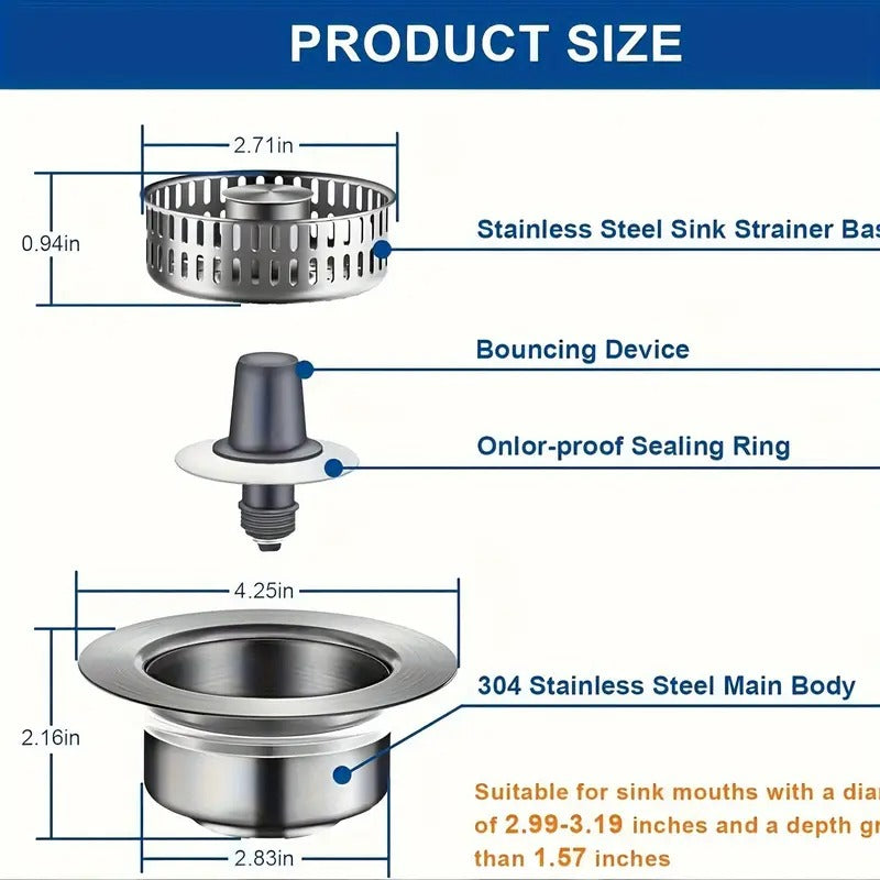 Upgraded 3-in-1 Kitchen Sink Drain Stopper & Strainer – Stainless Steel Pop-Up Stopper + Anti-Clogging Basket