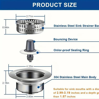Upgraded 3-in-1 Kitchen Sink Drain Stopper & Strainer – Stainless Steel Pop-Up Stopper + Anti-Clogging Basket