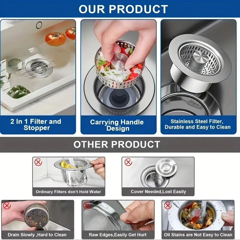 Upgraded 3-in-1 Kitchen Sink Drain Stopper & Strainer – Stainless Steel Pop-Up Stopper + Anti-Clogging Basket