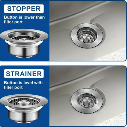Upgraded 3-in-1 Kitchen Sink Drain Stopper & Strainer – Stainless Steel Pop-Up Stopper + Anti-Clogging Basket